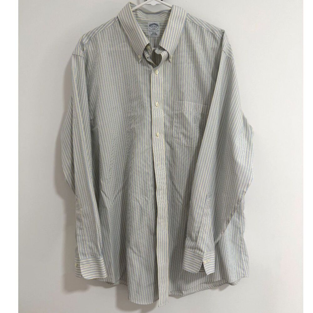 Brooks Brothers Blue Yellow Striped Non-Iron Slim Fit Dress Shirt 17.5 34/35